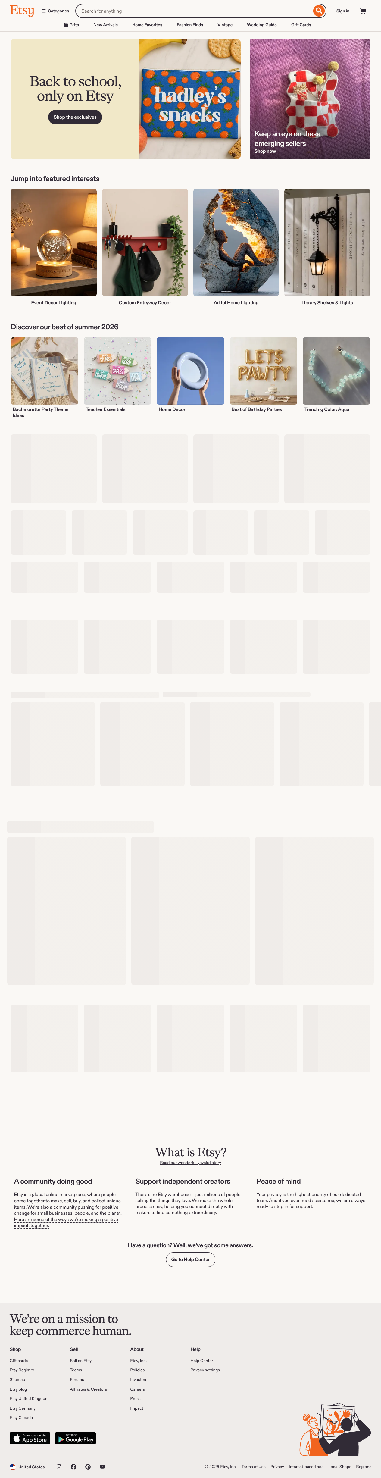 Etsy homepage with search and categories